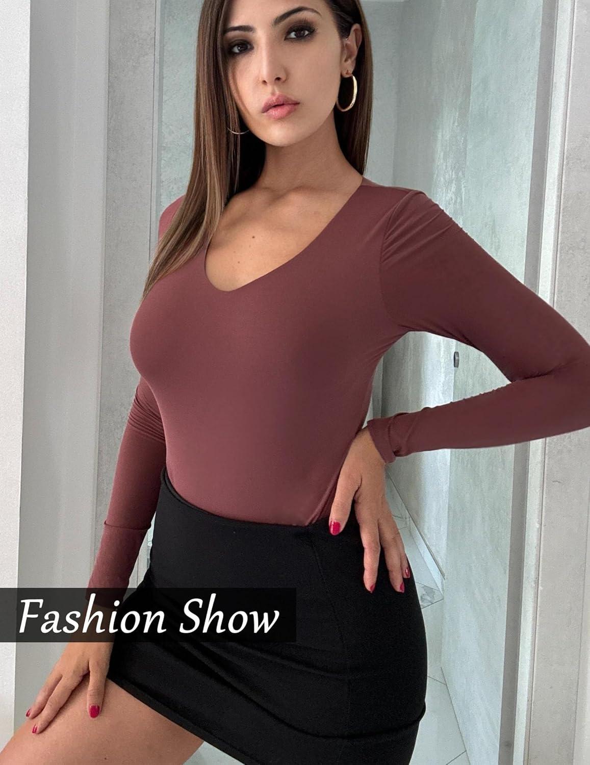 imageAvidlove Bodysuits for Women Long Sleeve V Neck Body Suit Bodysuit Double Lined Thong Body Suits Sexy TopsDeep Purple Red