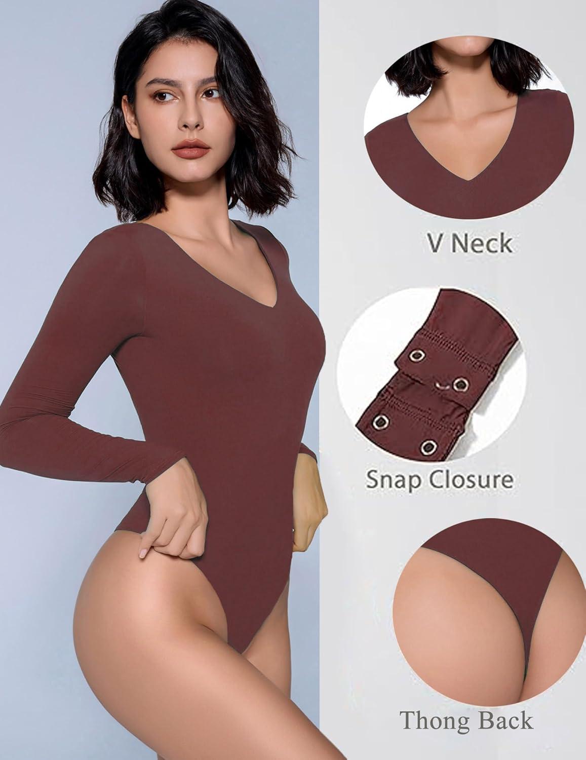 imageAvidlove Bodysuits for Women Long Sleeve V Neck Body Suit Bodysuit Double Lined Thong Body Suits Sexy TopsDeep Purple Red