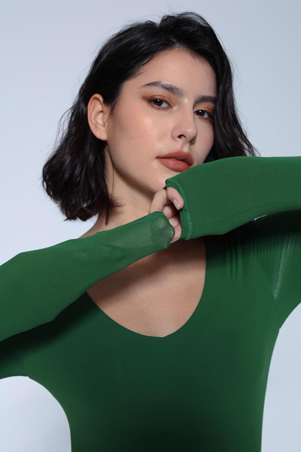 imageAvidlove Bodysuits for Women Long Sleeve V Neck Body Suit Bodysuit Double Lined Thong Body Suits Sexy TopsGreen