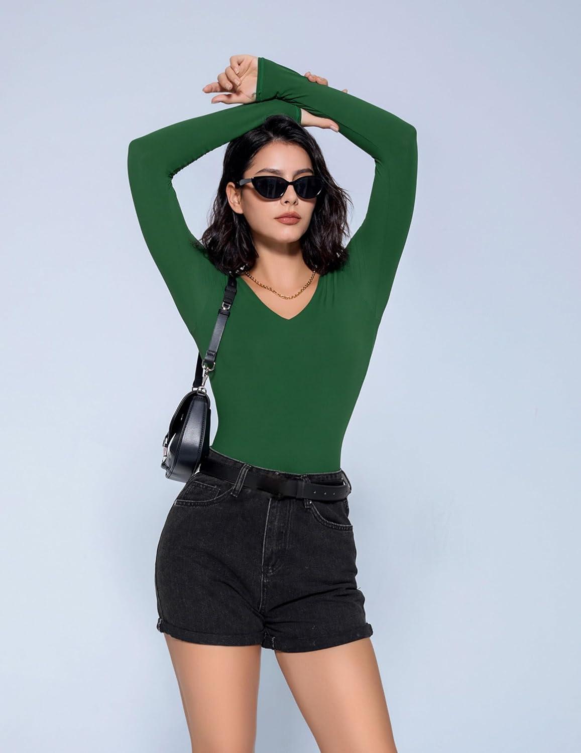imageAvidlove Bodysuits for Women Long Sleeve V Neck Body Suit Bodysuit Double Lined Thong Body Suits Sexy TopsGreen