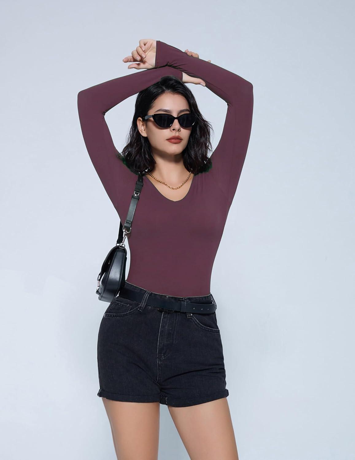 imageAvidlove Bodysuits for Women Long Sleeve V Neck Body Suit Bodysuit Double Lined Thong Body Suits Sexy TopsPurple