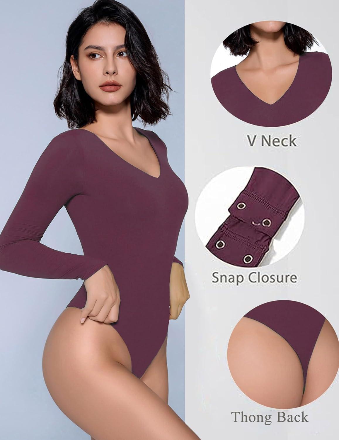 imageAvidlove Bodysuits for Women Long Sleeve V Neck Body Suit Bodysuit Double Lined Thong Body Suits Sexy TopsPurple