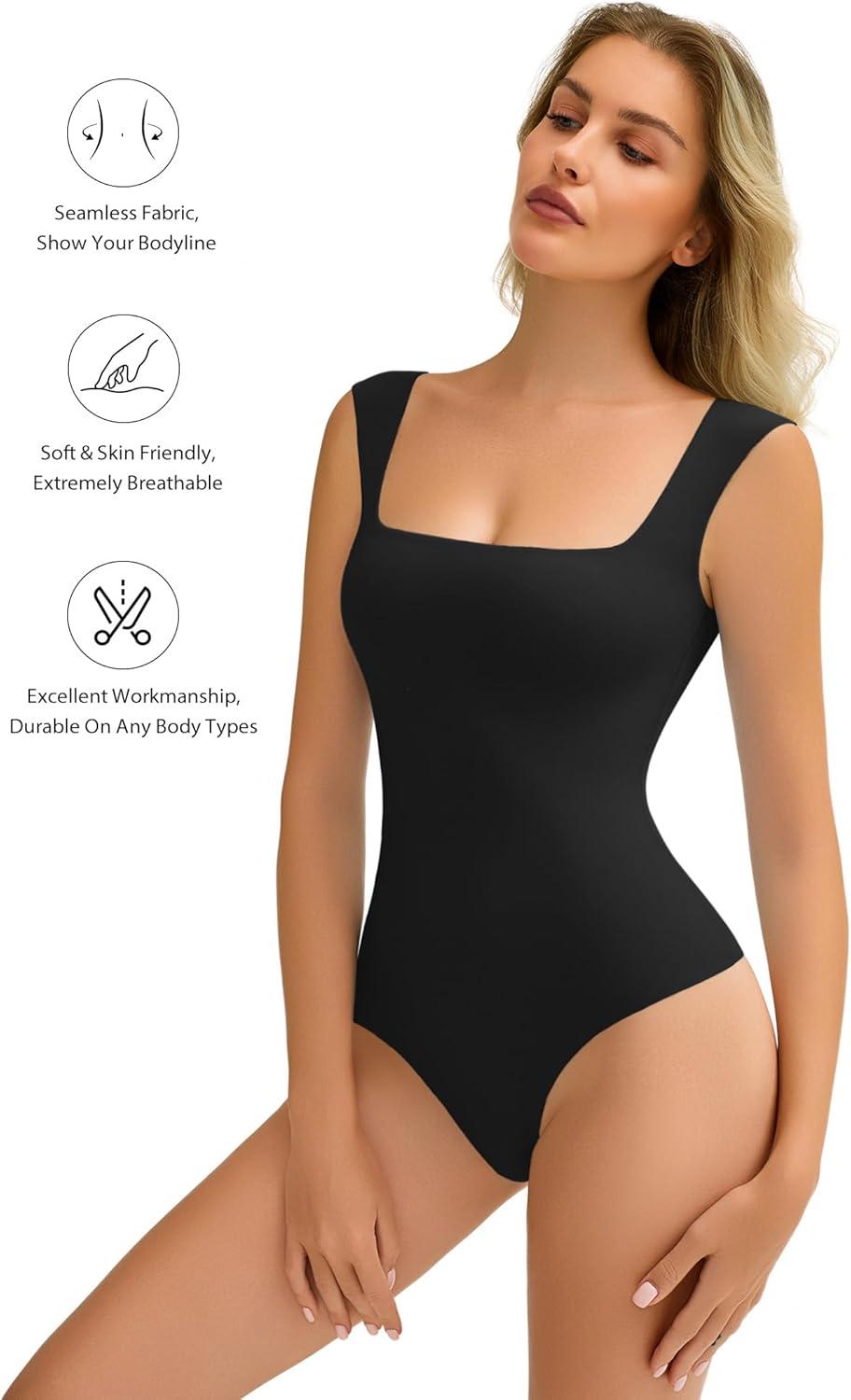imageAvidlove Bodysuits for Women Square Neck Body Suit Double Lined Tank Top Bodysuit SoftBlack