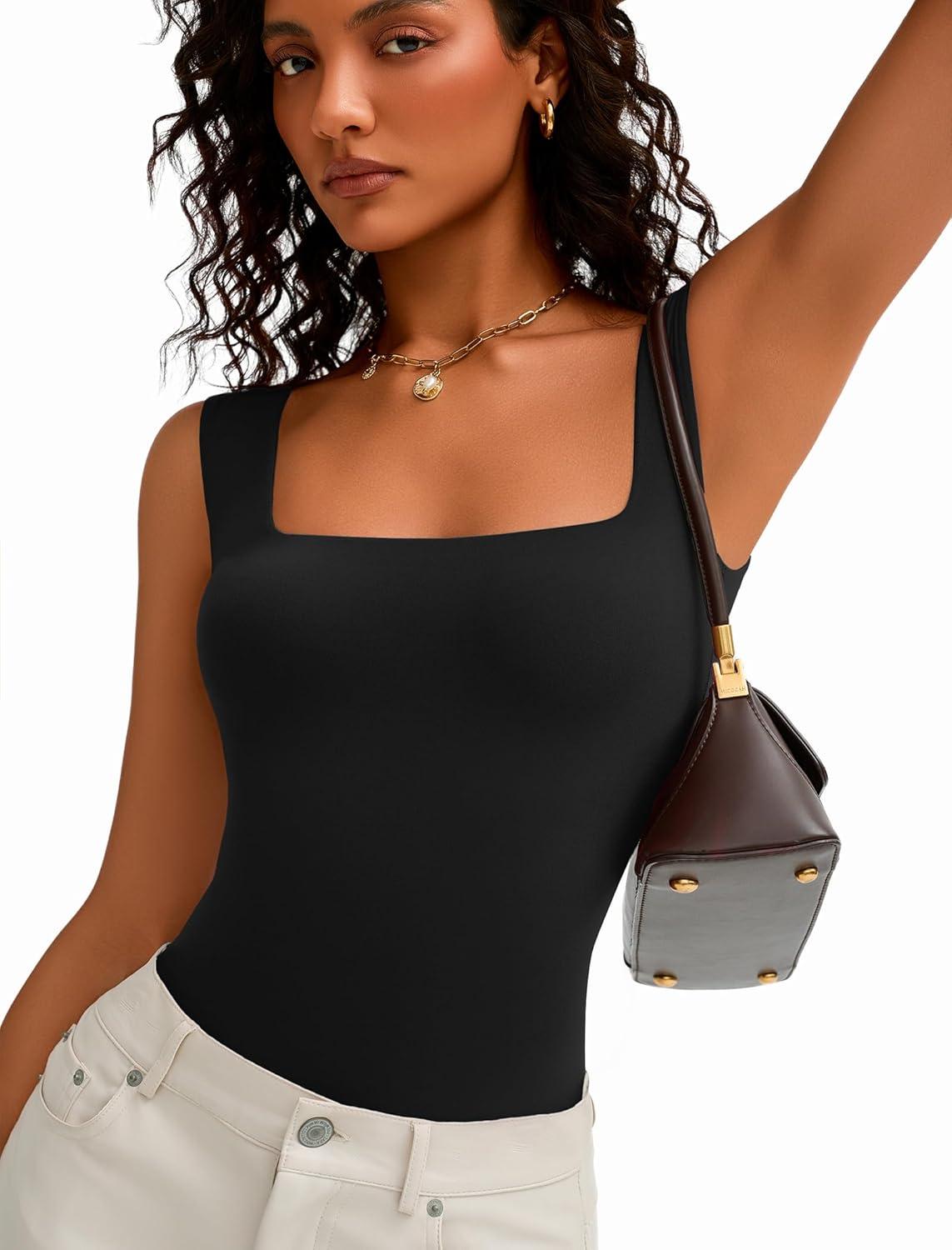 imageAvidlove Bodysuits for Women Square Neck Body Suit Double Lined Tank Top Bodysuit SoftBlack