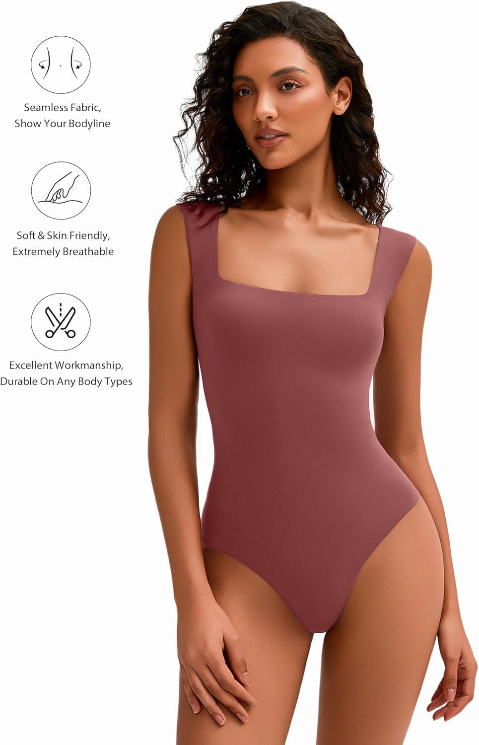imageAvidlove Bodysuits for Women Square Neck Body Suit Double Lined Tank Top Bodysuit SoftDark Purple Red