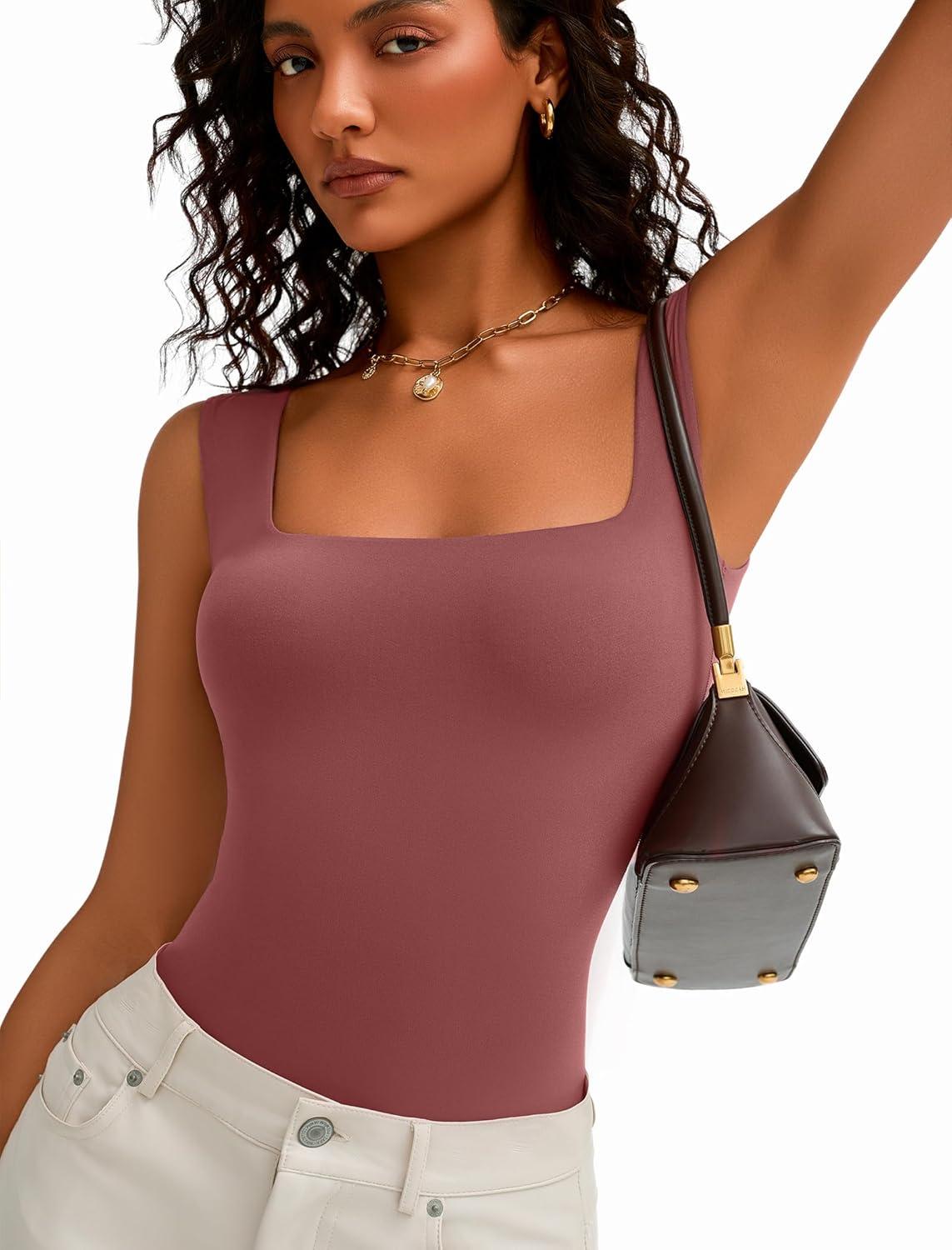 imageAvidlove Bodysuits for Women Square Neck Body Suit Double Lined Tank Top Bodysuit SoftDark Purple Red