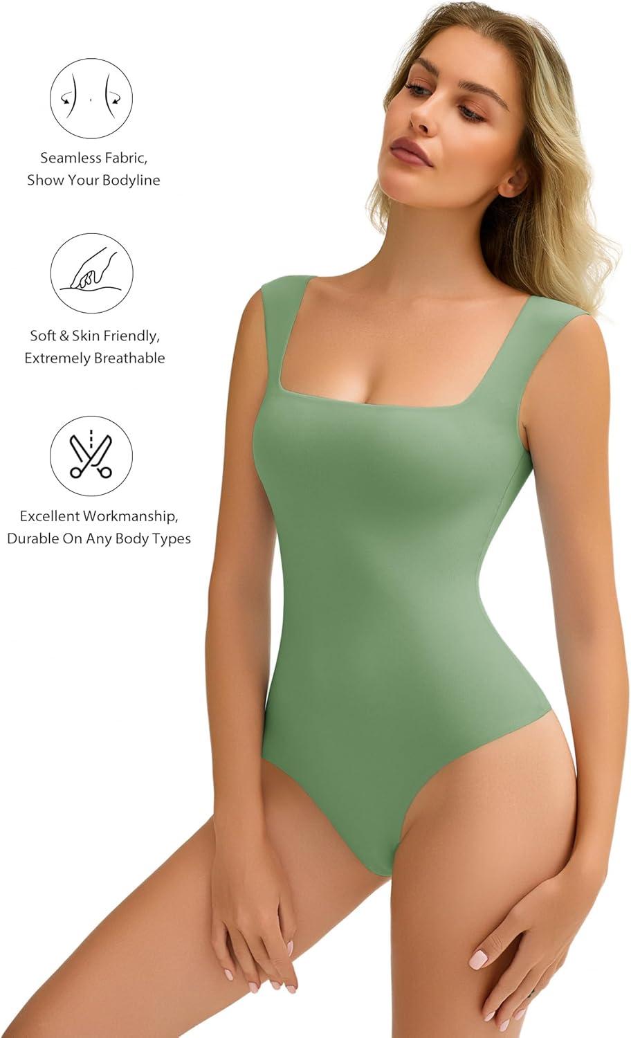 imageAvidlove Bodysuits for Women Square Neck Body Suit Double Lined Tank Top Bodysuit SoftGreen