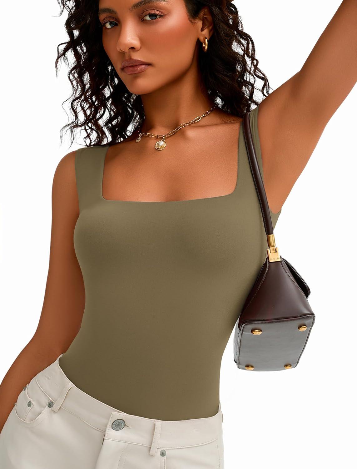 imageAvidlove Bodysuits for Women Square Neck Body Suit Double Lined Tank Top Bodysuit SoftGrey Green