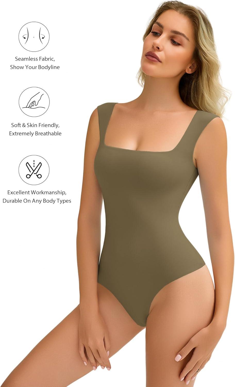 imageAvidlove Bodysuits for Women Square Neck Body Suit Double Lined Tank Top Bodysuit SoftGrey Green