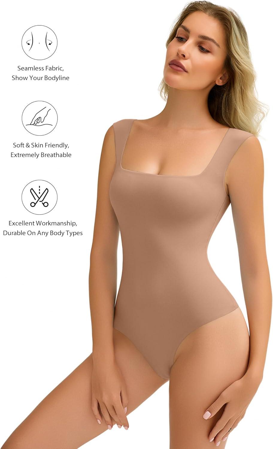imageAvidlove Bodysuits for Women Square Neck Body Suit Double Lined Tank Top Bodysuit SoftKhaki
