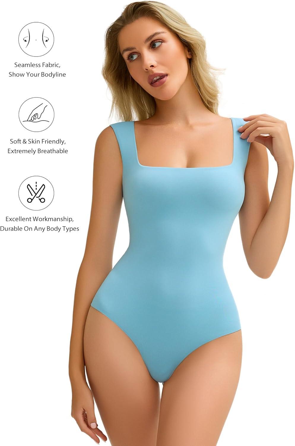 imageAvidlove Bodysuits for Women Square Neck Body Suit Double Lined Tank Top Bodysuit SoftLight Blue