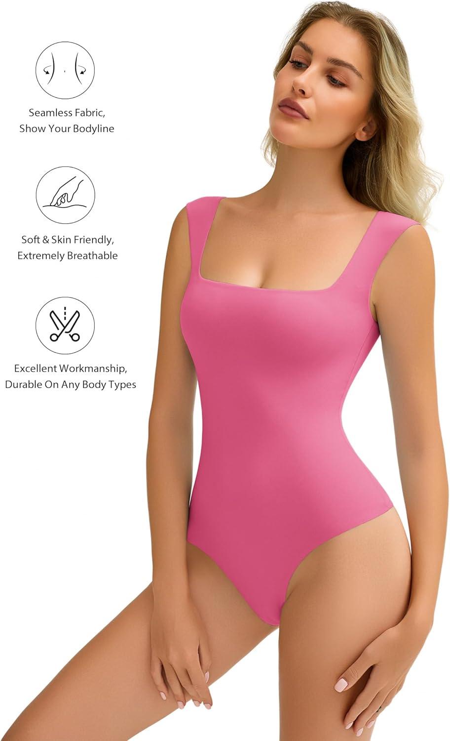 imageAvidlove Bodysuits for Women Square Neck Body Suit Double Lined Tank Top Bodysuit SoftPink