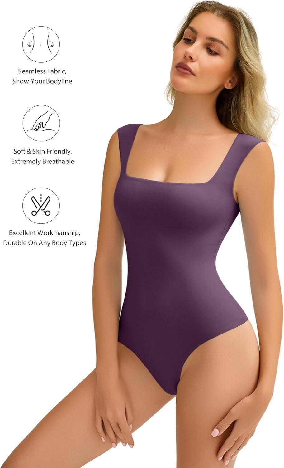 imageAvidlove Bodysuits for Women Square Neck Body Suit Double Lined Tank Top Bodysuit SoftPurple
