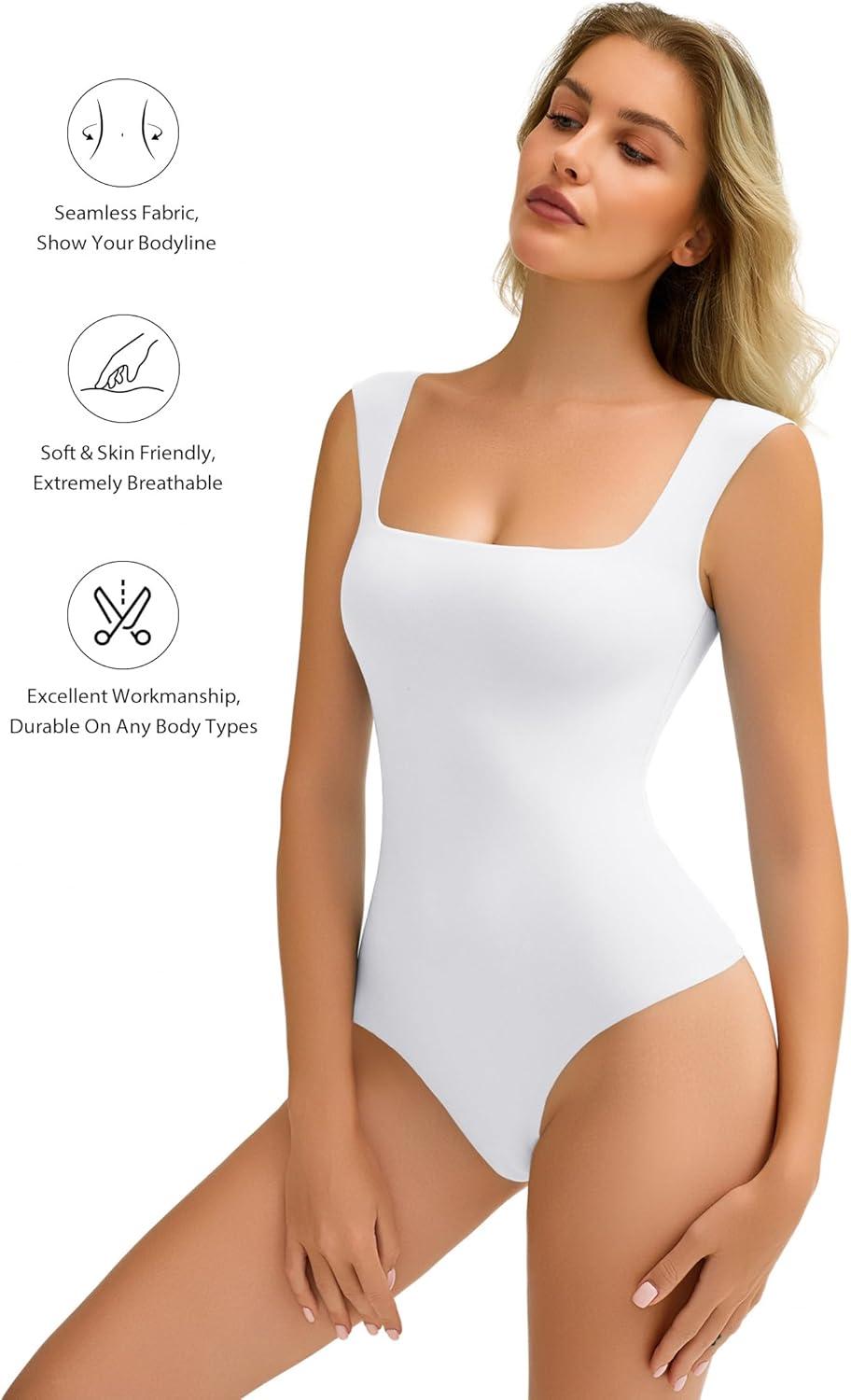 imageAvidlove Bodysuits for Women Square Neck Body Suit Double Lined Tank Top Bodysuit SoftWhite