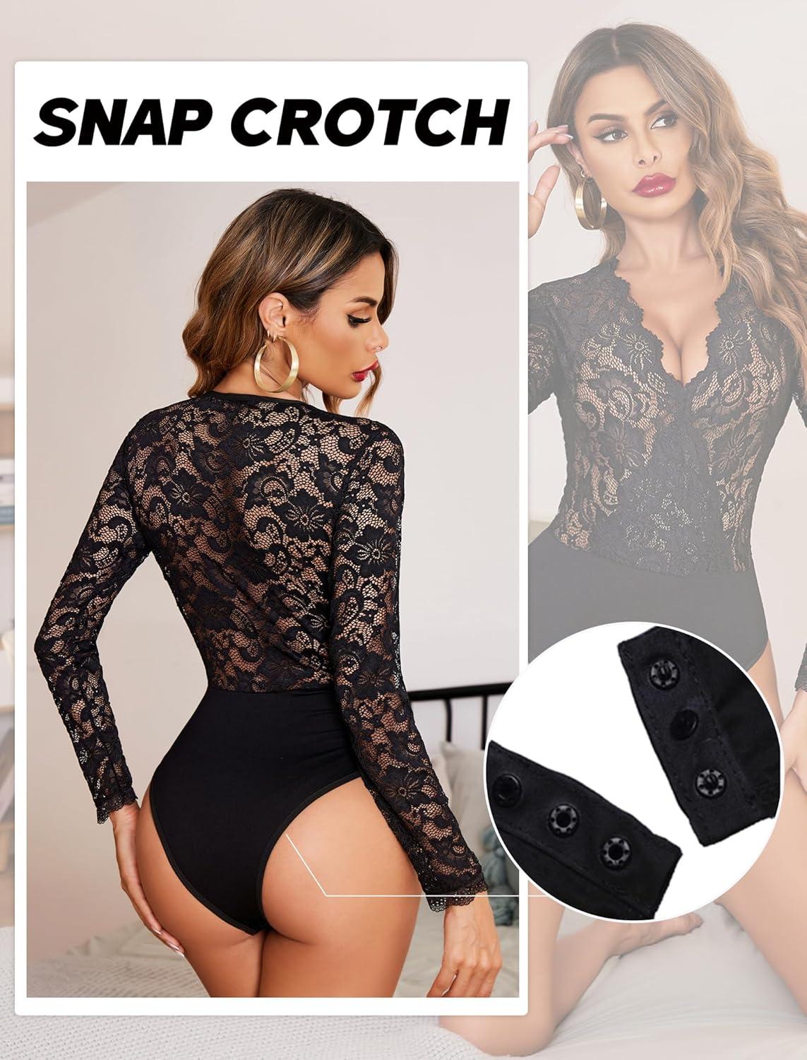 imageAvidlove Lace Bodysuit for Women Sexy Long Sleeve V Neck Body Suits Going Out Tops Snap Crotch One Piece Teddy LingerieBlack