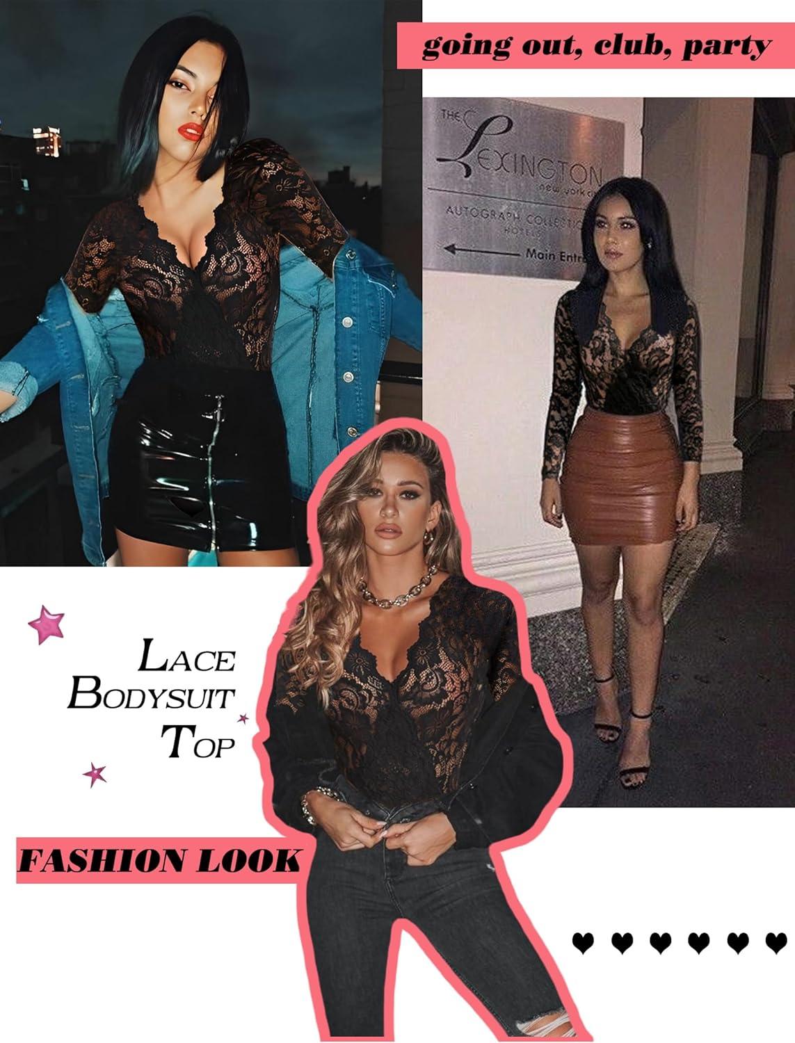 imageAvidlove Lace Bodysuit for Women Sexy Long Sleeve V Neck Body Suits Going Out Tops Snap Crotch One Piece Teddy LingerieBlack