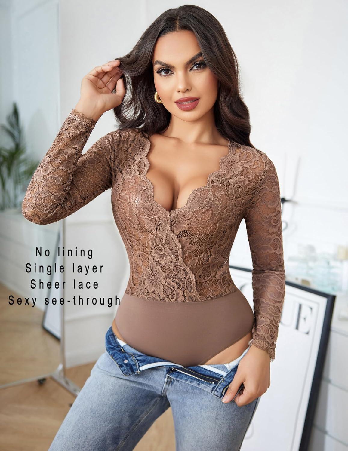 imageAvidlove Lace Bodysuit for Women Sexy Long Sleeve V Neck Body Suits Going Out Tops Snap Crotch One Piece Teddy LingerieBrown