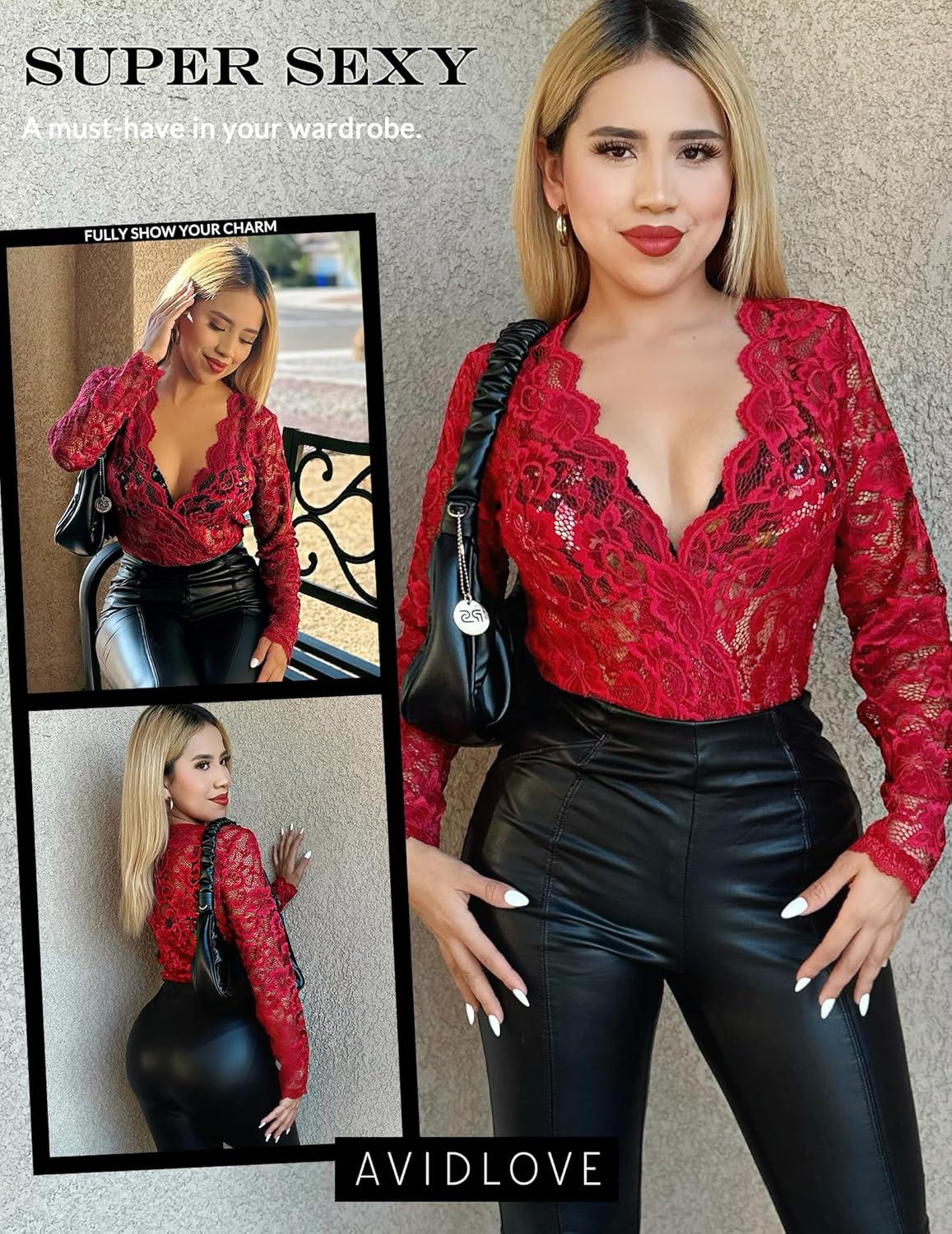 imageAvidlove Lace Bodysuit for Women Sexy Long Sleeve V Neck Body Suits Going Out Tops Snap Crotch One Piece Teddy LingerieBurgundy