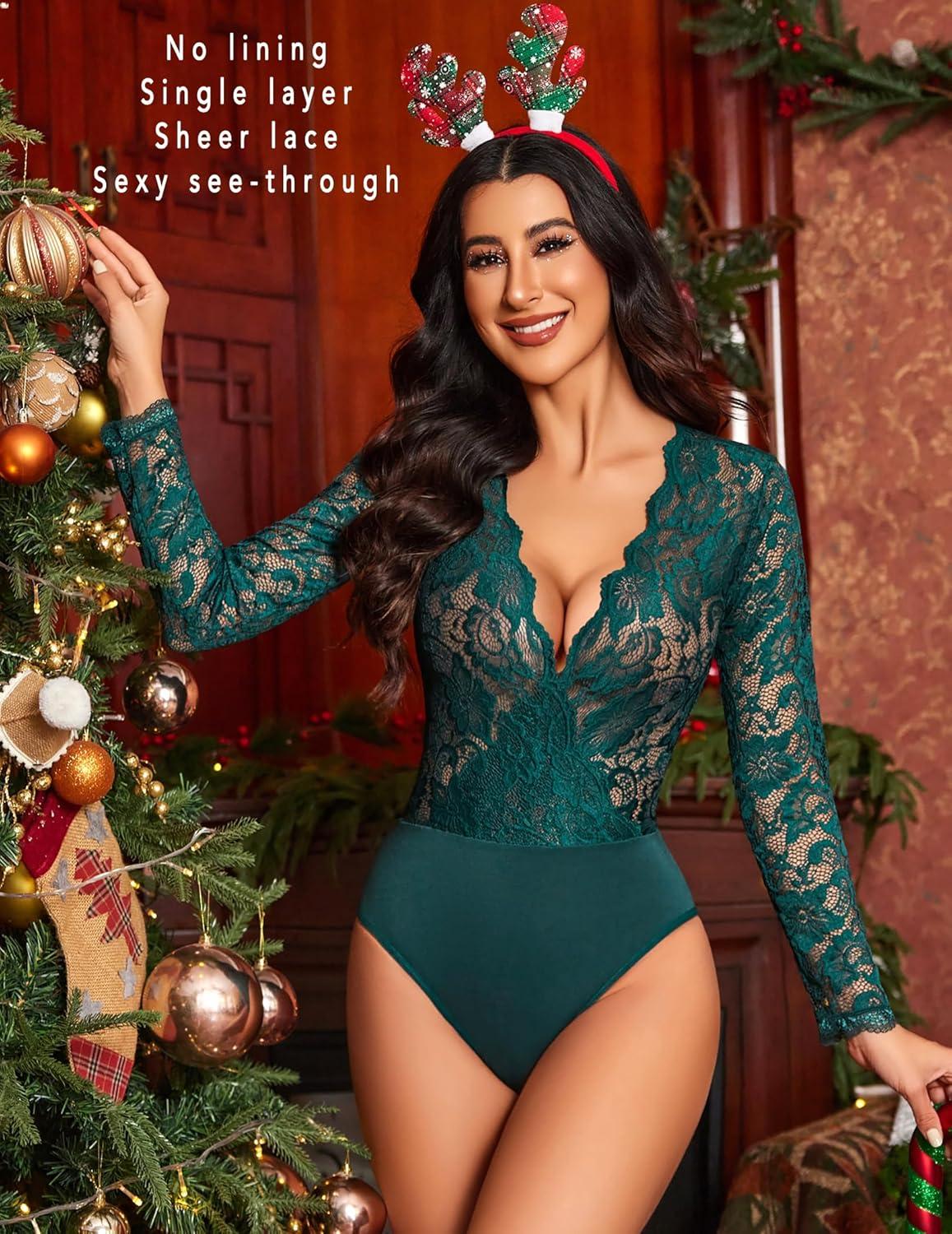 imageAvidlove Lace Bodysuit for Women Sexy Long Sleeve V Neck Body Suits Going Out Tops Snap Crotch One Piece Teddy LingerieGreen