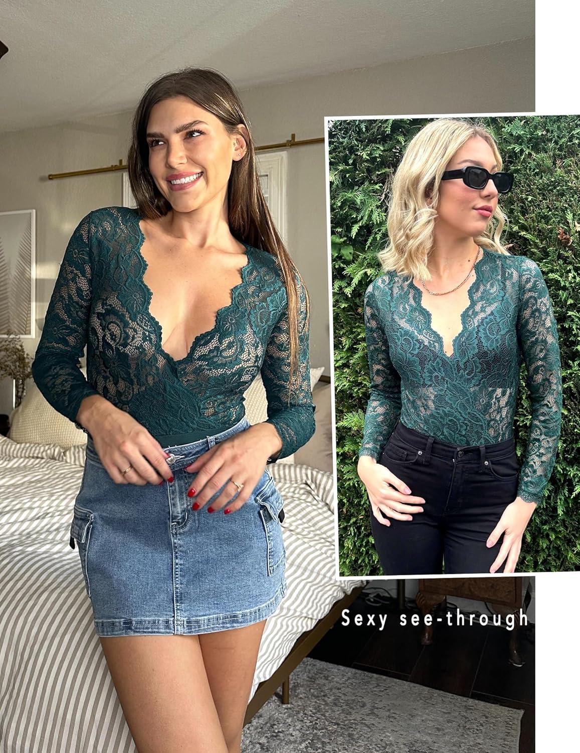 imageAvidlove Lace Bodysuit for Women Sexy Long Sleeve V Neck Body Suits Going Out Tops Snap Crotch One Piece Teddy LingerieGreen