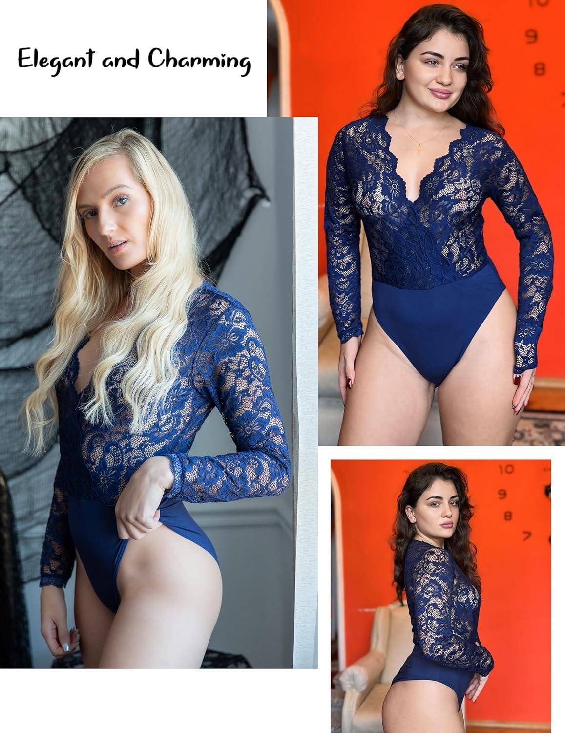 imageAvidlove Lace Bodysuit for Women Sexy Long Sleeve V Neck Body Suits Going Out Tops Snap Crotch One Piece Teddy LingerieNavy Blue