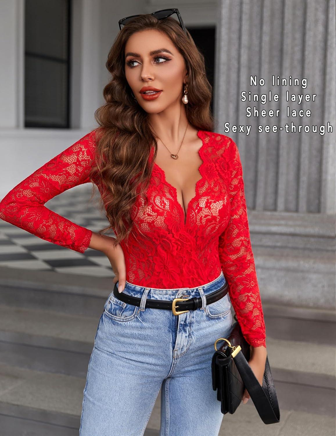 imageAvidlove Lace Bodysuit for Women Sexy Long Sleeve V Neck Body Suits Going Out Tops Snap Crotch One Piece Teddy LingerieRed