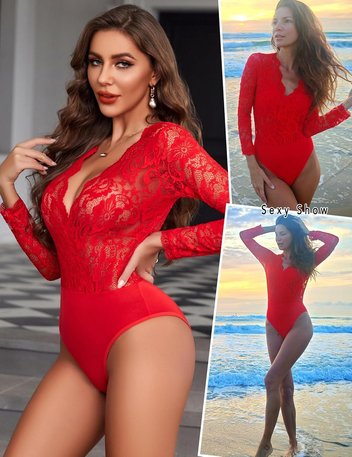 imageAvidlove Lace Bodysuit for Women Sexy Long Sleeve V Neck Body Suits Going Out Tops Snap Crotch One Piece Teddy LingerieRed