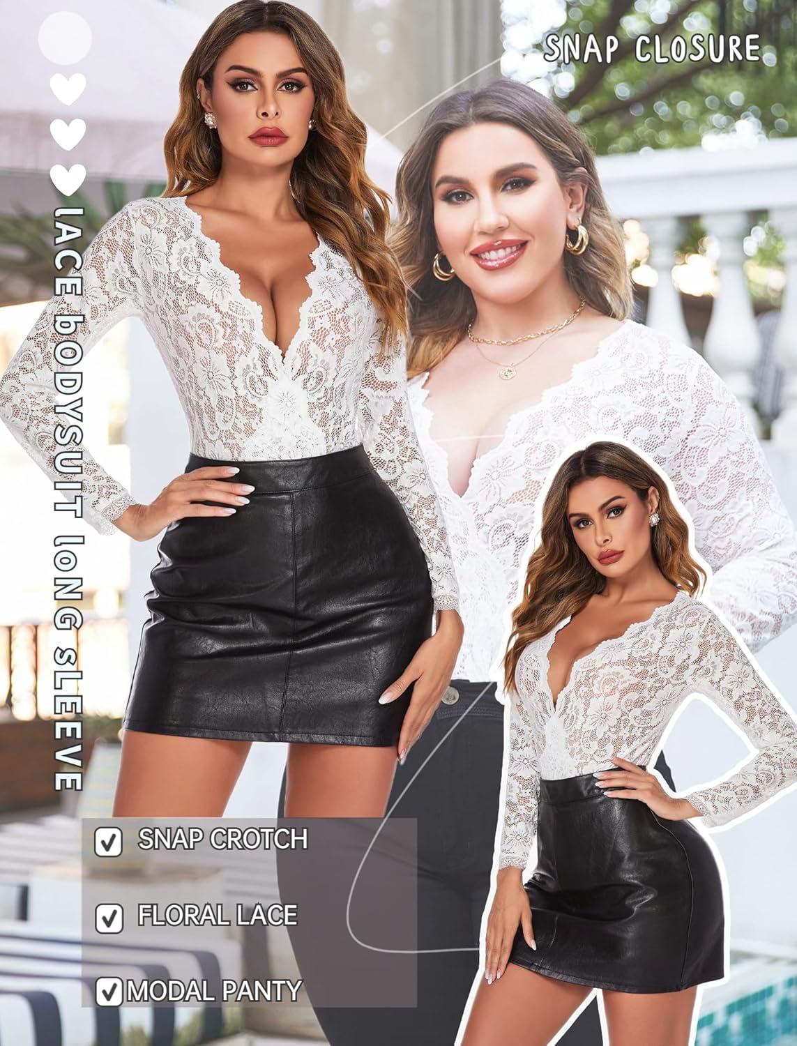 imageAvidlove Lace Bodysuit for Women Sexy Long Sleeve V Neck Body Suits Going Out Tops Snap Crotch One Piece Teddy LingerieWhite