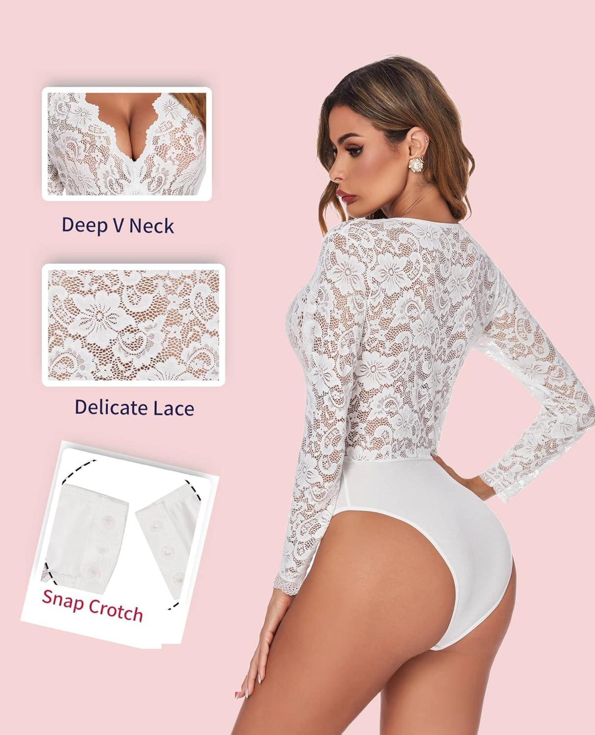 imageAvidlove Lace Bodysuit for Women Sexy Long Sleeve V Neck Body Suits Going Out Tops Snap Crotch One Piece Teddy LingerieWhite