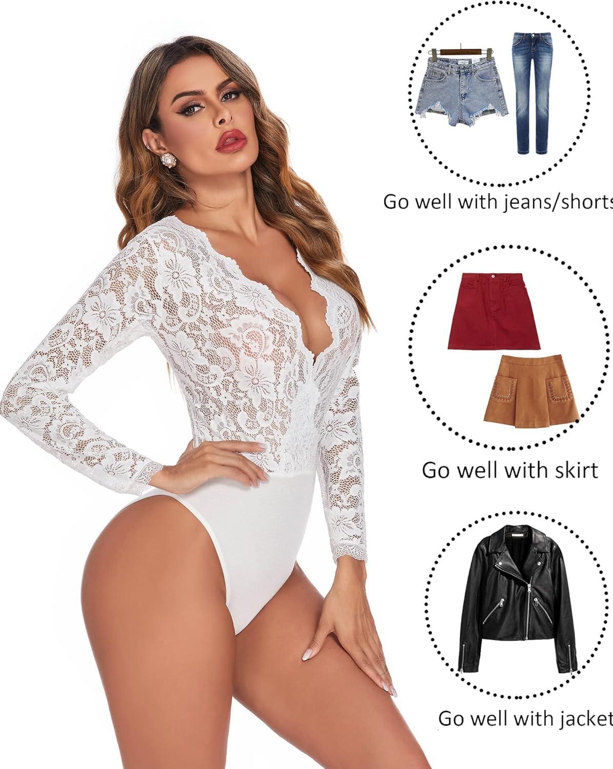 imageAvidlove Lace Bodysuit for Women Sexy Long Sleeve V Neck Body Suits Going Out Tops Snap Crotch One Piece Teddy LingerieWhite