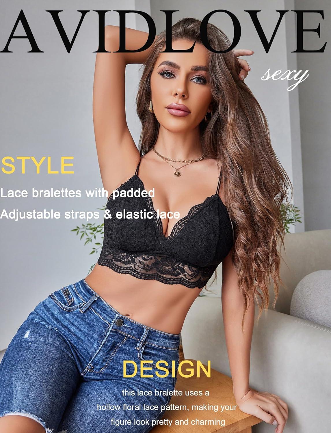 imageAvidlove Lace Bralette for Women V Neck Tank Top Spaghetti Strap Tube Slim Camisole Lingerie with Detachable PaddedBlack