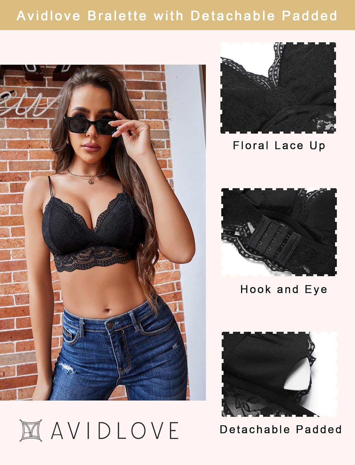 imageAvidlove Lace Bralette for Women V Neck Tank Top Spaghetti Strap Tube Slim Camisole Lingerie with Detachable PaddedBlack