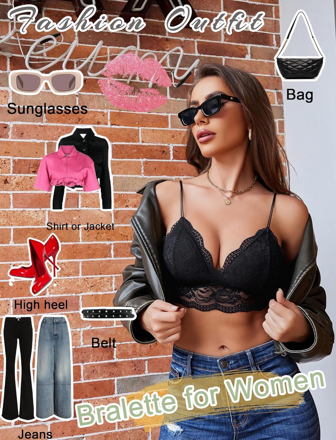 imageAvidlove Lace Bralette for Women V Neck Tank Top Spaghetti Strap Tube Slim Camisole Lingerie with Detachable PaddedBlack