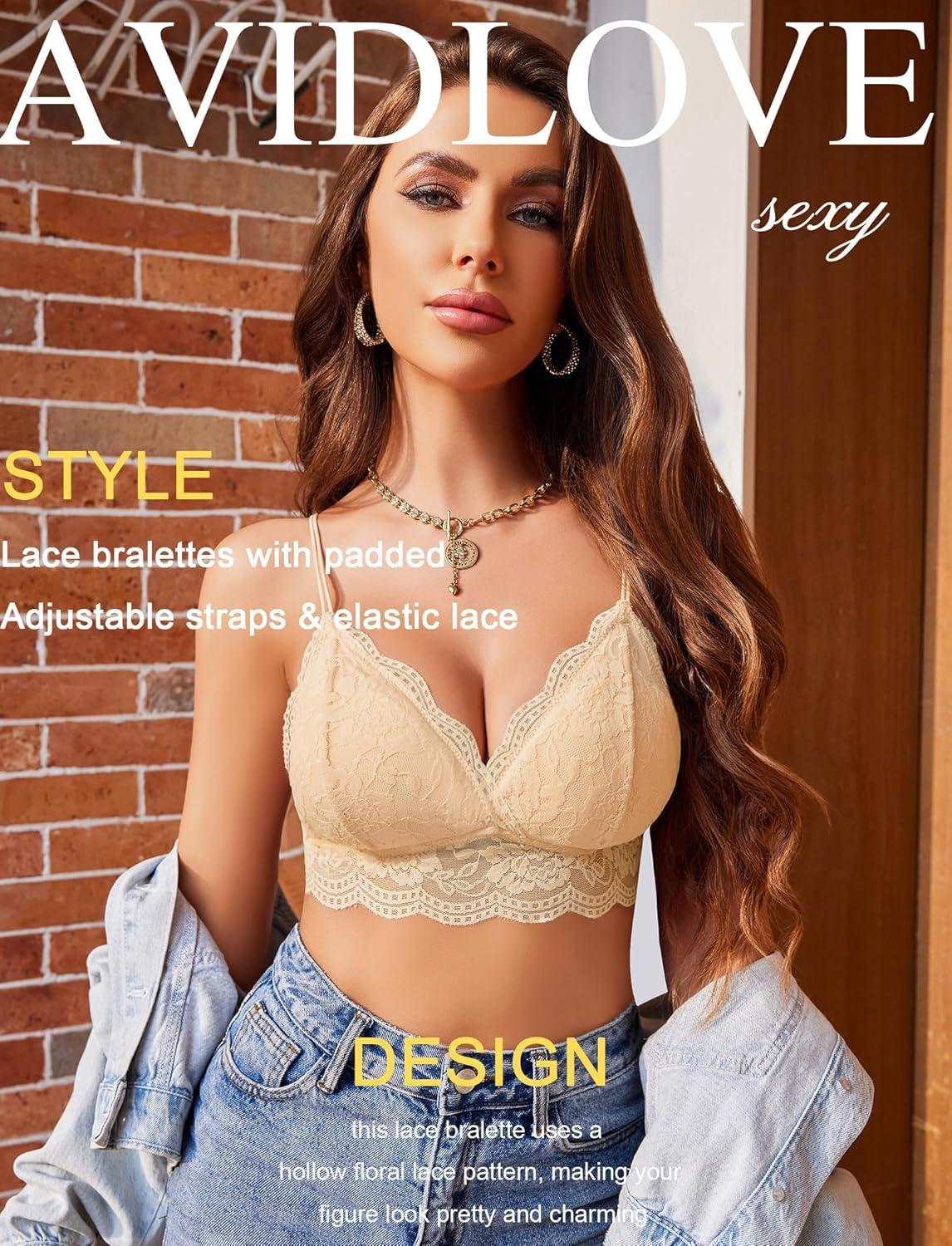 imageAvidlove Lace Bralette for Women V Neck Tank Top Spaghetti Strap Tube Slim Camisole Lingerie with Detachable PaddedChampagne