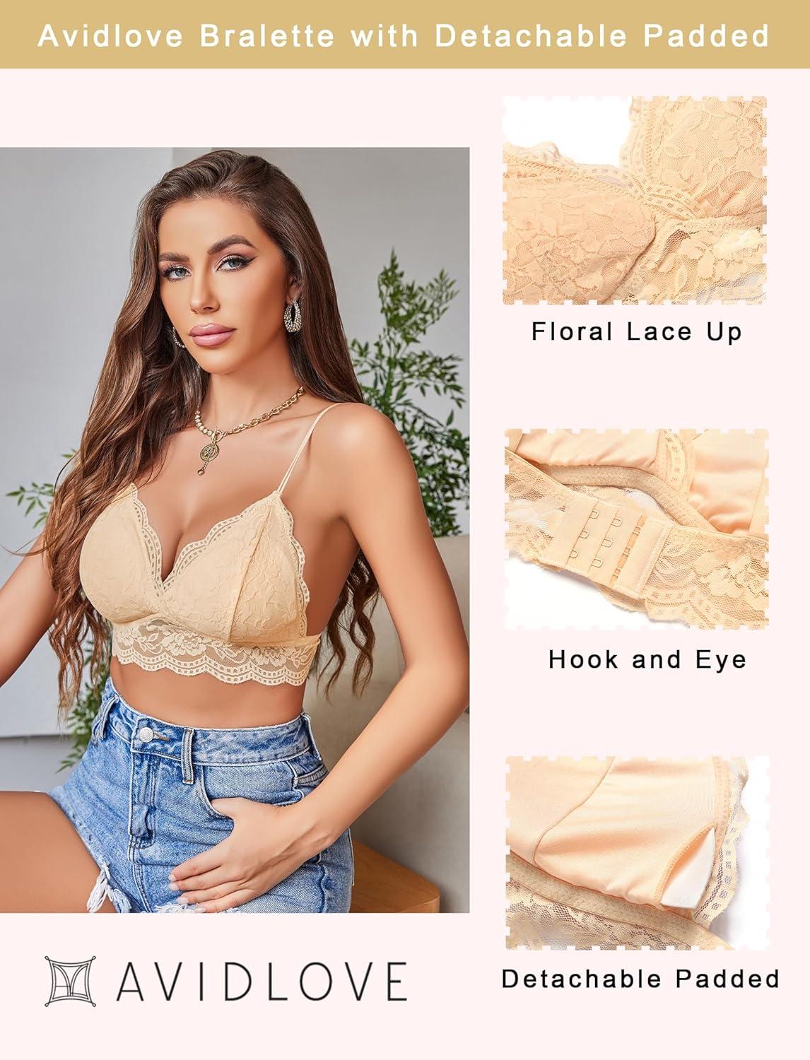 imageAvidlove Lace Bralette for Women V Neck Tank Top Spaghetti Strap Tube Slim Camisole Lingerie with Detachable PaddedChampagne