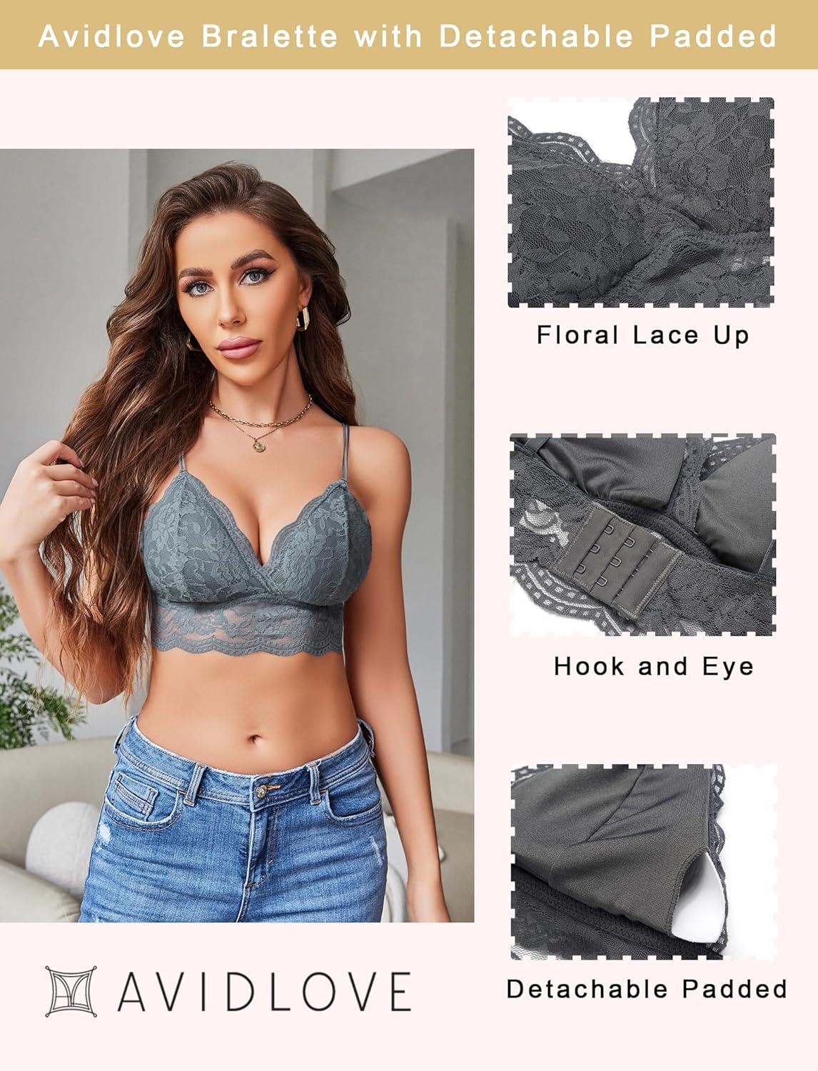 imageAvidlove Lace Bralette for Women V Neck Tank Top Spaghetti Strap Tube Slim Camisole Lingerie with Detachable PaddedGray