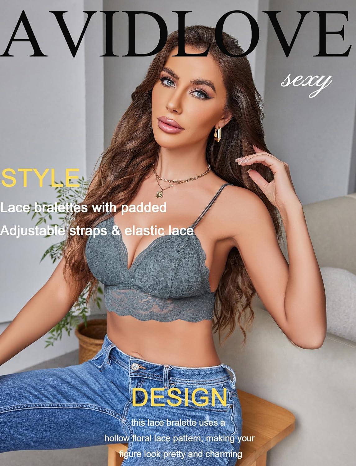 imageAvidlove Lace Bralette for Women V Neck Tank Top Spaghetti Strap Tube Slim Camisole Lingerie with Detachable PaddedGray