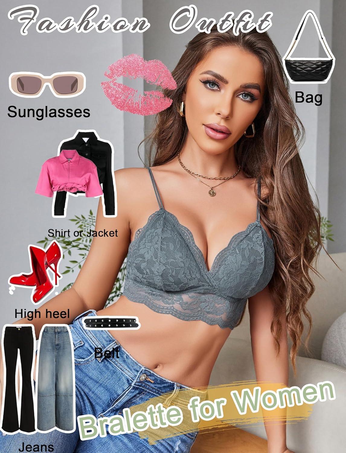 imageAvidlove Lace Bralette for Women V Neck Tank Top Spaghetti Strap Tube Slim Camisole Lingerie with Detachable PaddedGray