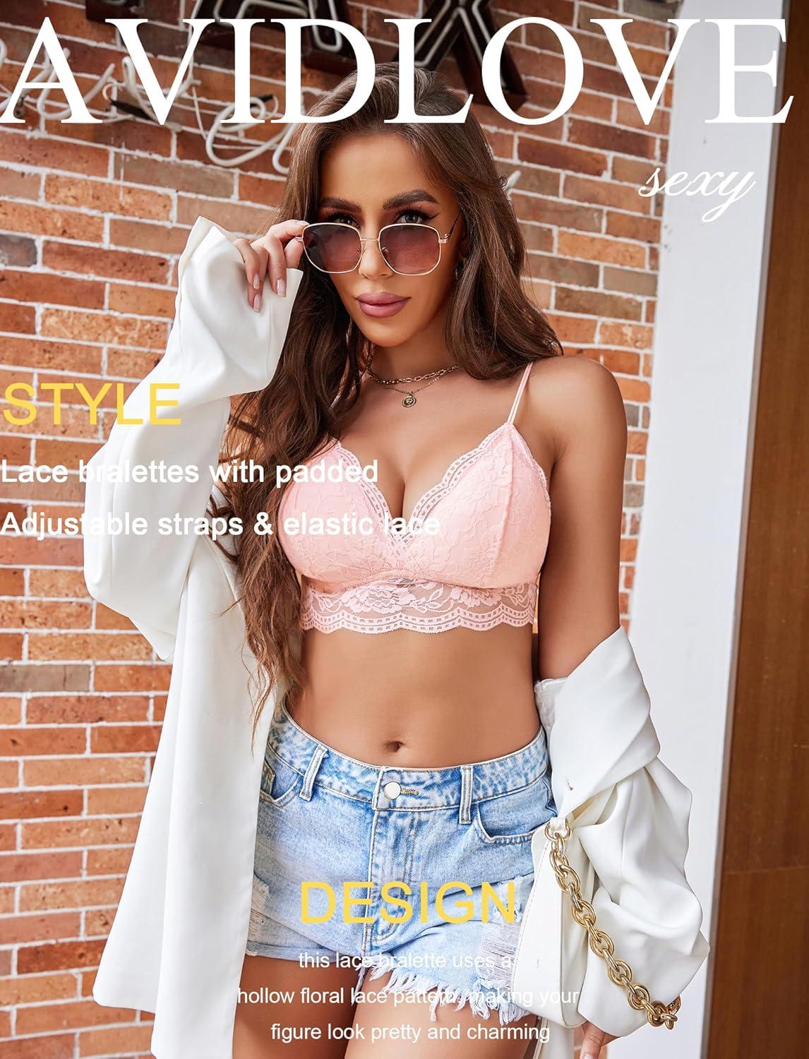 imageAvidlove Lace Bralette for Women V Neck Tank Top Spaghetti Strap Tube Slim Camisole Lingerie with Detachable PaddedPink