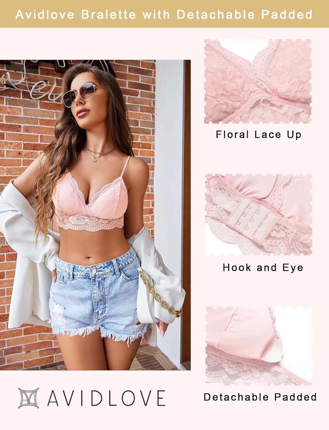 imageAvidlove Lace Bralette for Women V Neck Tank Top Spaghetti Strap Tube Slim Camisole Lingerie with Detachable PaddedPink