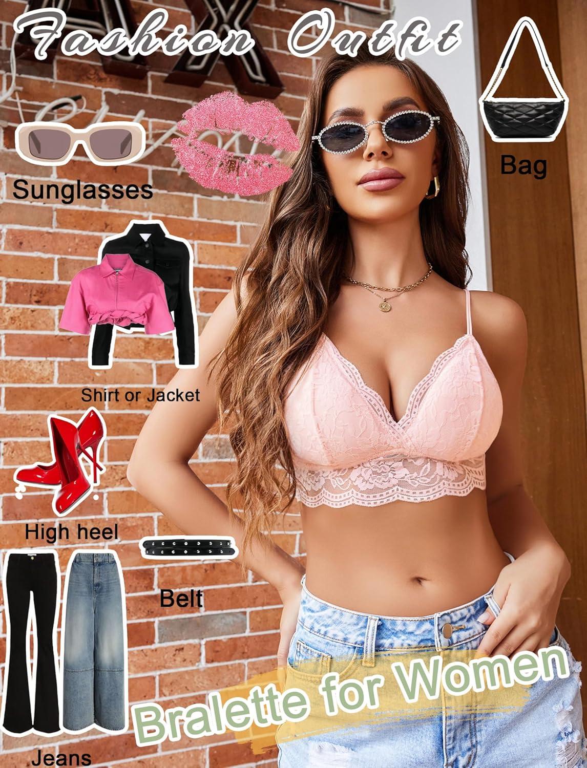 imageAvidlove Lace Bralette for Women V Neck Tank Top Spaghetti Strap Tube Slim Camisole Lingerie with Detachable PaddedPink