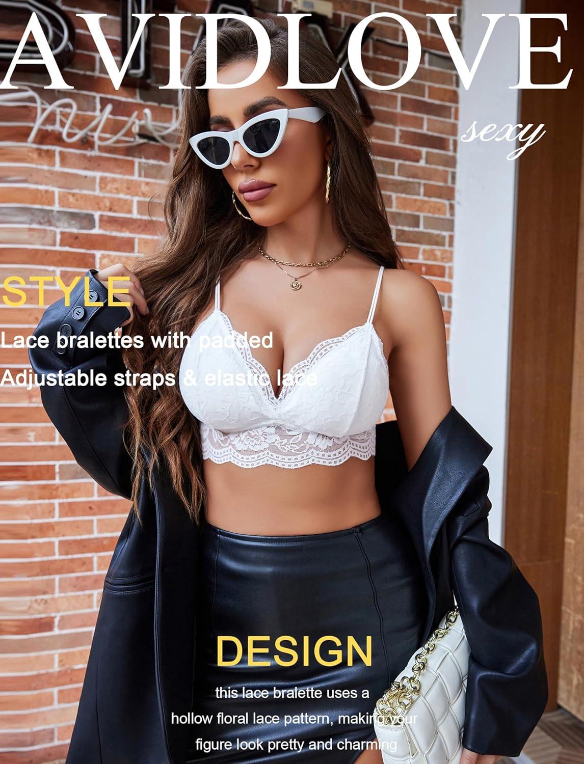 imageAvidlove Lace Bralette for Women V Neck Tank Top Spaghetti Strap Tube Slim Camisole Lingerie with Detachable PaddedWhite