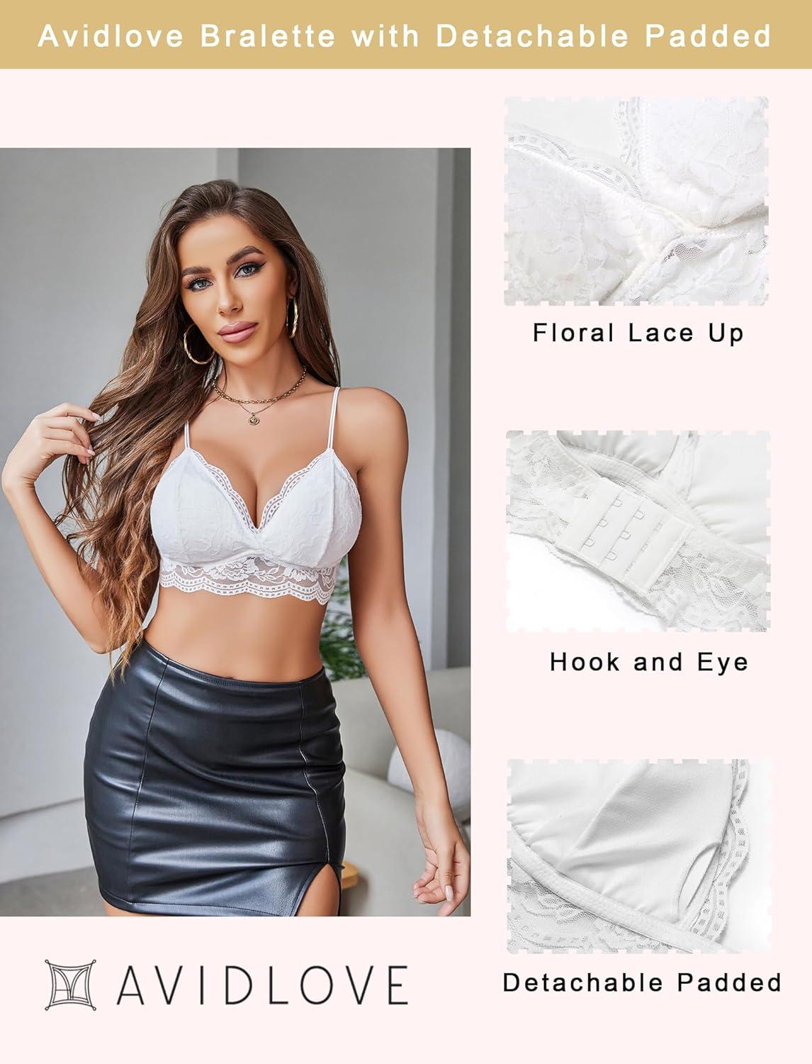 imageAvidlove Lace Bralette for Women V Neck Tank Top Spaghetti Strap Tube Slim Camisole Lingerie with Detachable PaddedWhite