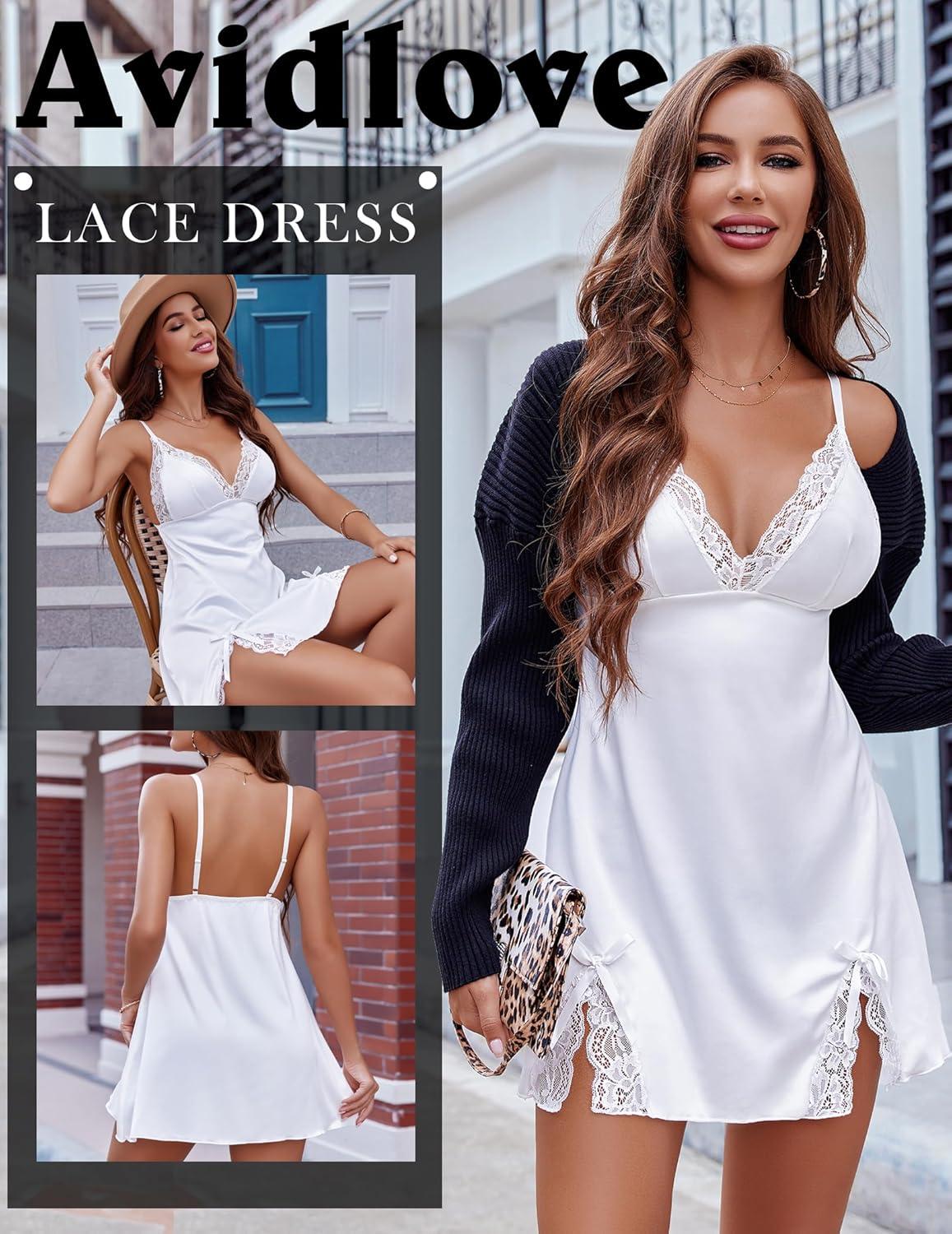 imageAvidlove Lingerie for Women Satin Lace Mini Dress V Neck Nightgown Sexy Boudoir Outfits1white