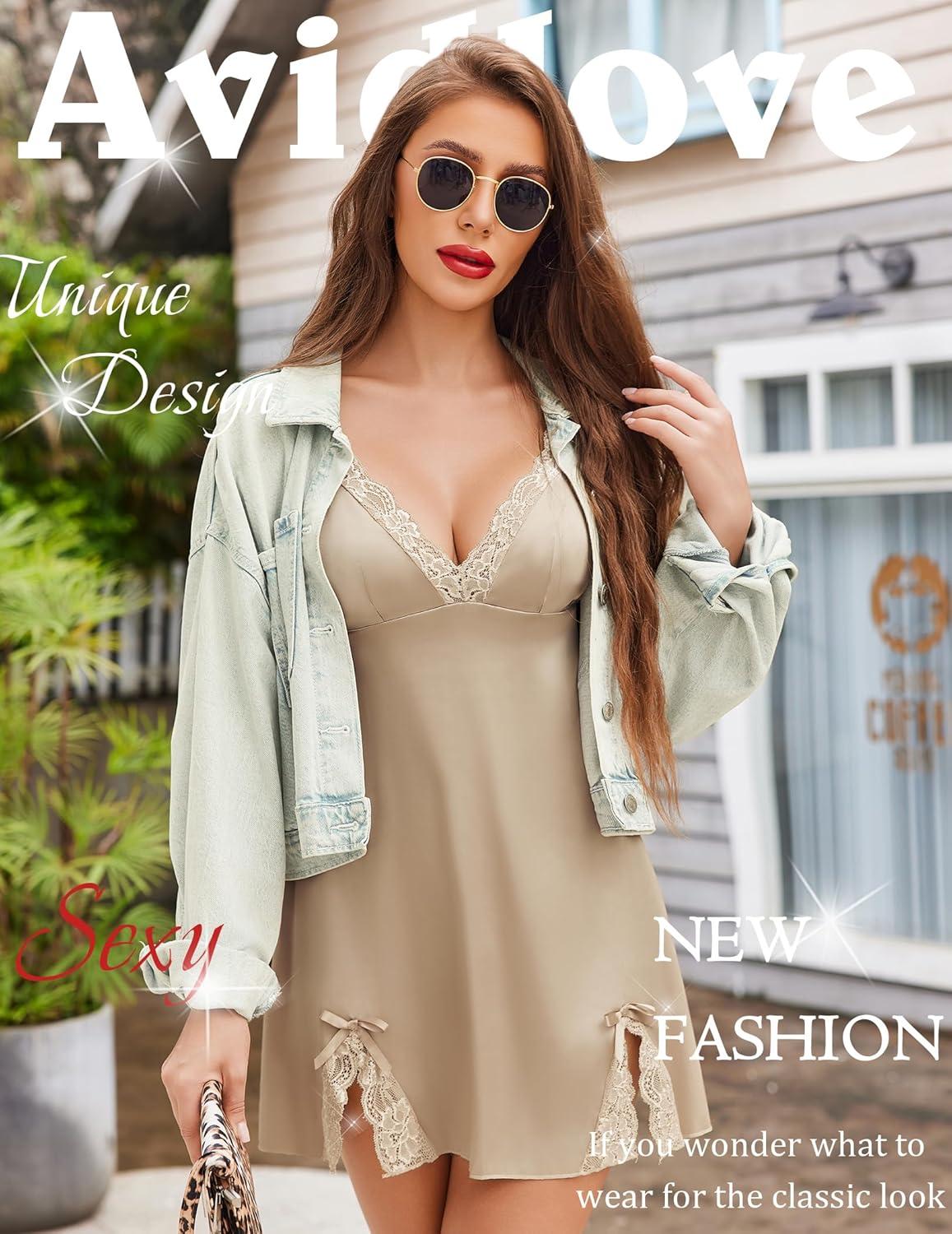 imageAvidlove Lingerie for Women Satin Lace Mini Dress V Neck Nightgown Sexy Boudoir OutfitsCoffee