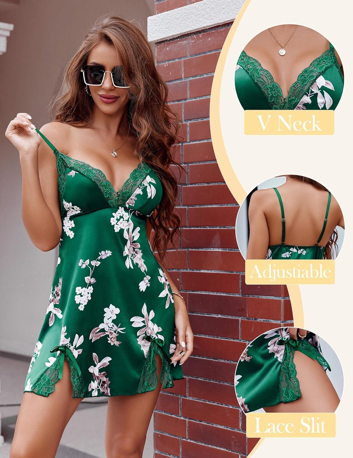 imageAvidlove Lingerie for Women Satin Lace Mini Dress V Neck Nightgown Sexy Boudoir OutfitsGreen Floral