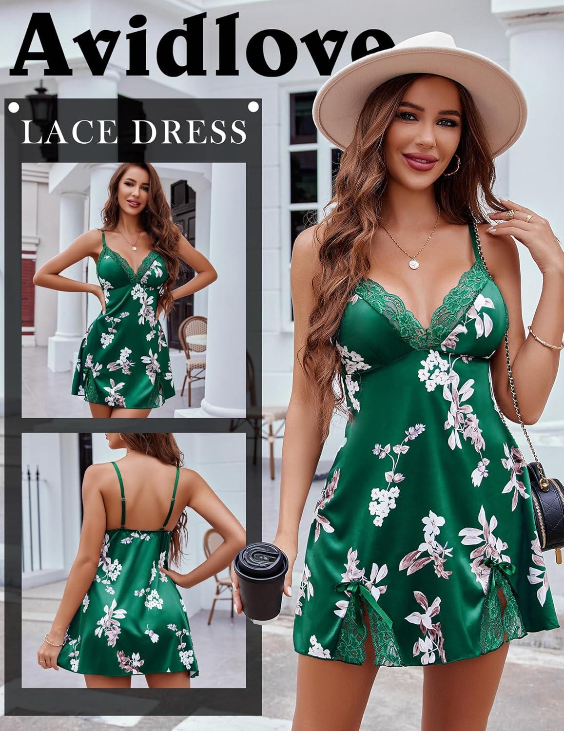 imageAvidlove Lingerie for Women Satin Lace Mini Dress V Neck Nightgown Sexy Boudoir OutfitsGreen Floral