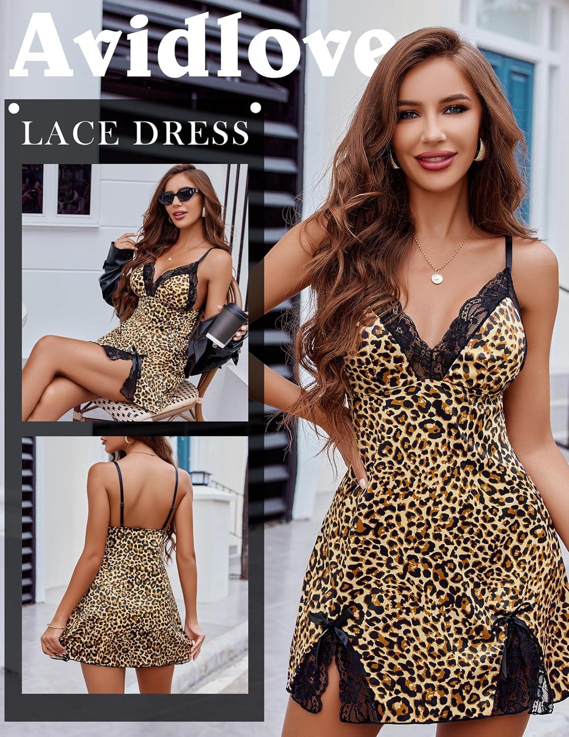 imageAvidlove Lingerie for Women Satin Lace Mini Dress V Neck Nightgown Sexy Boudoir OutfitsLeopard Print