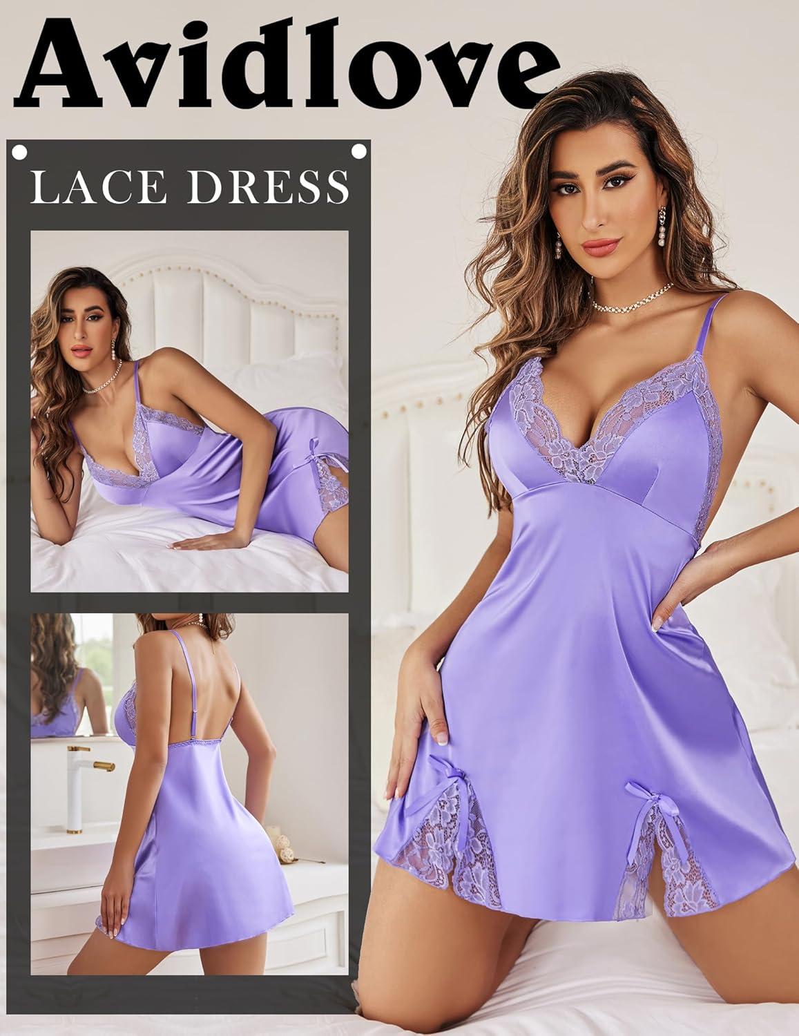 imageAvidlove Lingerie for Women Satin Lace Mini Dress V Neck Nightgown Sexy Boudoir OutfitsLilac