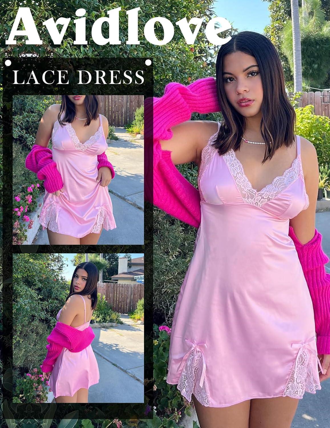 imageAvidlove Lingerie for Women Satin Lace Mini Dress V Neck Nightgown Sexy Boudoir OutfitsPink